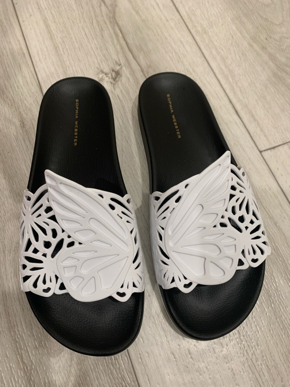 Sophia Webster Black Footbed White Butterfly Slide Sandals